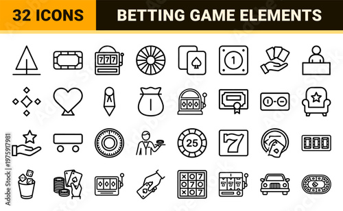 Gambling and casino entertainment minimalist line icon set