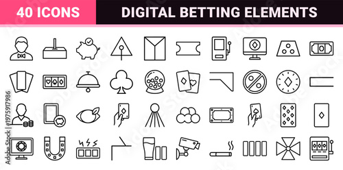 Minimalist casino and gambling line icon set for betting apps.