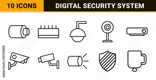 Minimalist linear CCTV and security surveillance icon set for property protection.