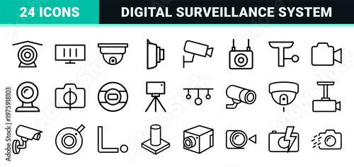 CCTV security monitoring and video surveillance outline icons