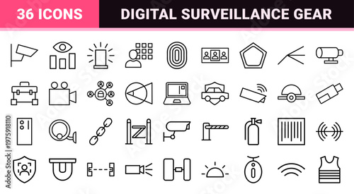CCTV and Security Monitoring Line Icon Set