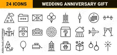 Minimalist celebration and wedding ceremony line icon set