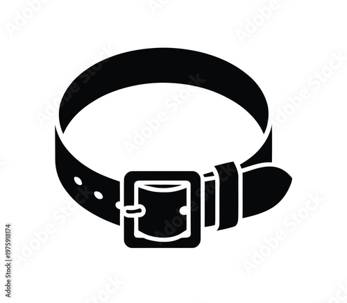 Black leather belt with silver buckle, detailed flat vector artwork of stylish waist accessory, suitable for fashion, retail, and wardrobe design concepts.