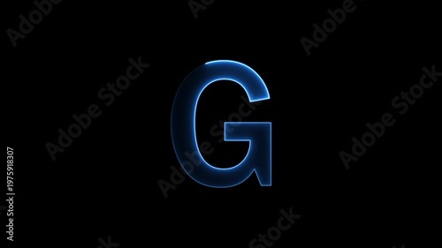 Glowing neon letter 'G' symbol, a shiny light font illustration on a black background English alphabet education type word writing letter text effect smooth footage sign symbol with black background