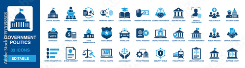 Government Politics solid vector glyph icon set including capitol building, justice scales, voting box, police badge, travel passport, public speaking, and legal verdict symbols.