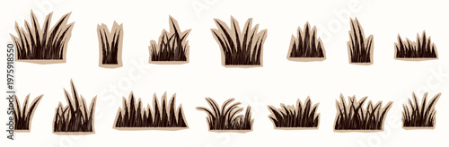 Vector scrapbook grass tuft grunge shapes, paper collage doodle silhouettes elements for backgrounds and product designs