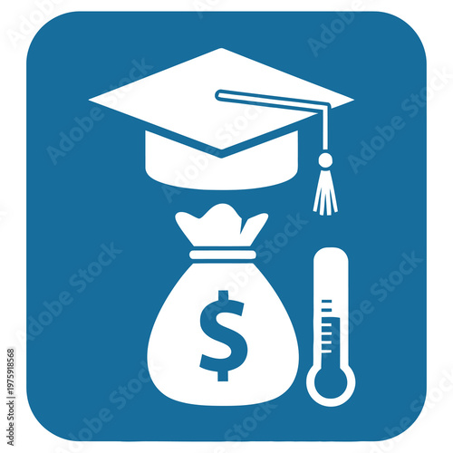 Education and finance concept with graduation cap money bag thermometer