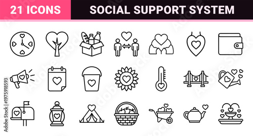 Charity and donation line icons for social volunteering and community support
