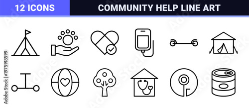 Charity donation icons set in minimalist outline style for social welfare projects.