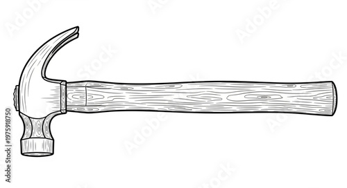 Hammer with wooden handle closeup.