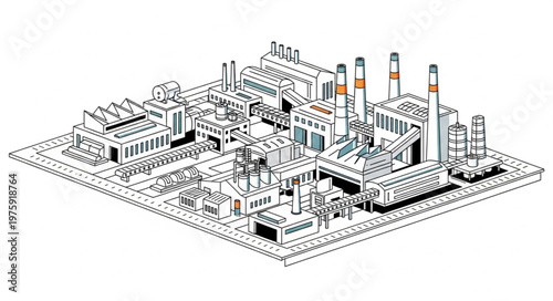 Industrial Factory Complex With Buildings.