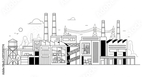 Industrial Factory Buildings With Chimneys.