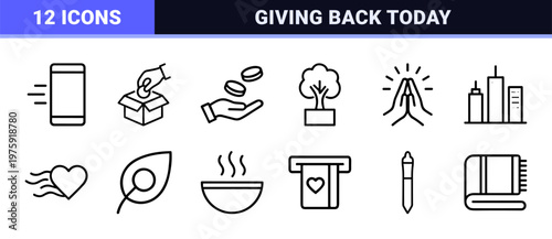 Charity and donation thin line icon set for humanitarian aid and volunteering.