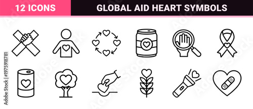 Charity and donation line icon set for nonprofit and volunteer community.