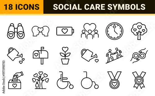 Charity and philanthropy line icons for social causes and community help.