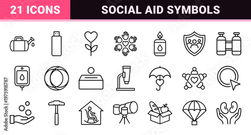 Charity and humanitarian aid minimalist outline icon set
