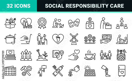 Charity and social aid line icon set with non-profit symbols