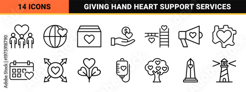 Charity and volunteering outline icons for community support