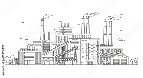 Industrial factory plant with smokestacks.