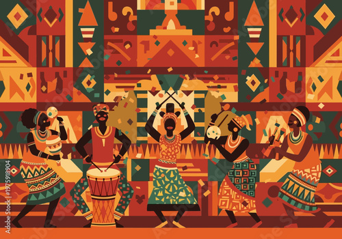 African drummers and dancers performing traditional music and dance.