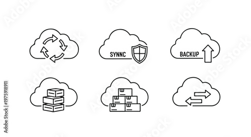 Cloud computing icons, data storage symbols, sync backup vector graphics, cloud service illustrations
