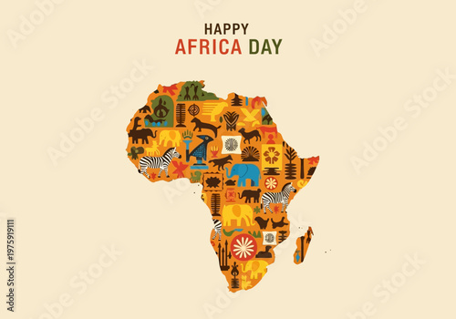 Africa Day Celebration with Vibrant Map and Cultural Icons.