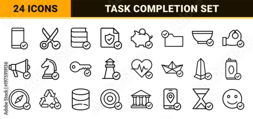 Task completion and verified status outline icons with check marks