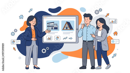 Real Estate Agent Presenting Property Options to Couple on Tablet.