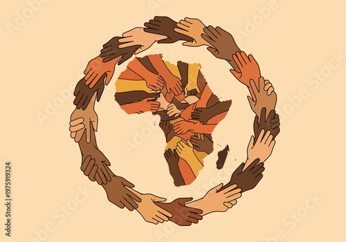 Diverse hands forming a circle around the African continent symbolizing unity and solidarity.