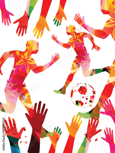 Soccer Players Team in Action with Ball, Abstract Football Championship 2026 Background, Colorful Vector Silhouettes for Sports Tournament