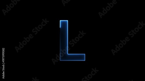 Glowing neon letter 'L' symbol, a shiny light font illustration on a black background English alphabet education type word writing letter text effect smooth footage sign symbol with black background