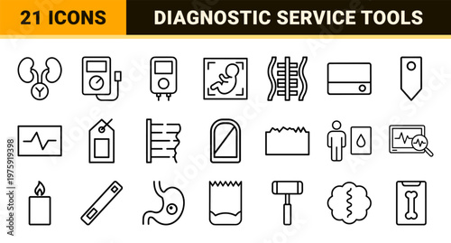 Health and automotive diagnostic linear icon set