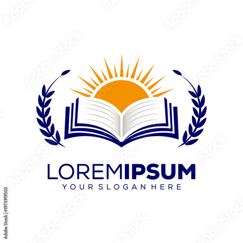 Education logo, open book with sun on it, logo design template