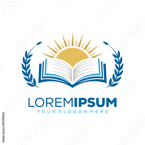 Education logo, open book with sun on it, logo design template