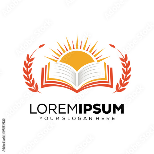 Education logo, open book with sun on it, logo design template