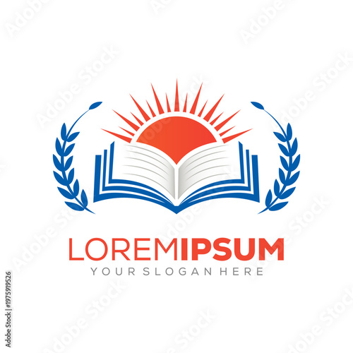 Education logo, open book with sun on it, logo design template