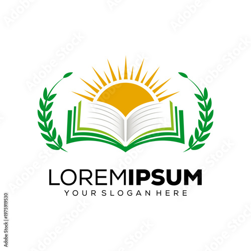 Education logo, open book with sun on it, logo design template