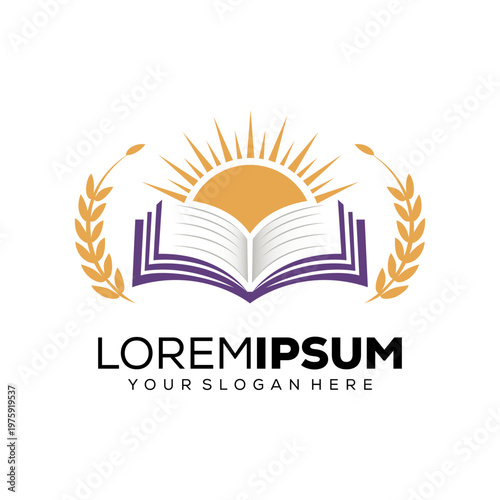 Education logo, open book with sun on it, logo design template