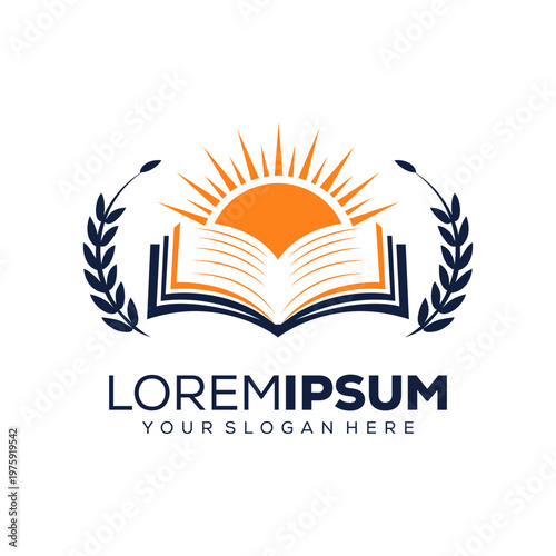 Education logo, open book with sun on it, logo design template