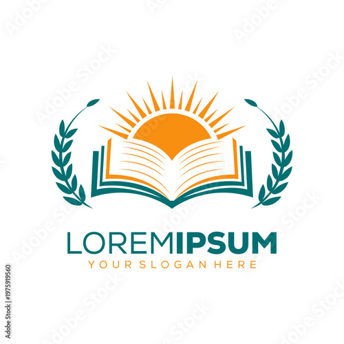 Education logo, open book with sun on it, logo design template
