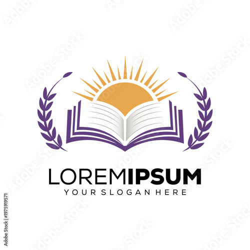 Education logo, open book with sun on it, logo design template