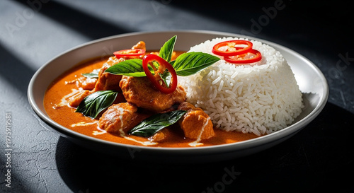rice with chicken and vegetables, : beef stew with rice, A bowl of thai red curry with chicken and rice, salad with vegetables and cheese
