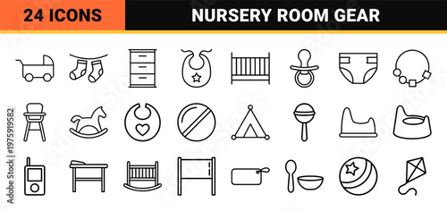 Nursery and baby care line icon set for infant childcare equipment.