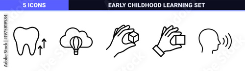 Child development and toy features line icon set for packaging.
