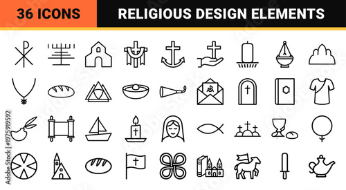 Minimalist Christian religion line icons set