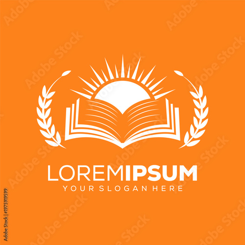 Education logo, open book with sun on it, logo design template