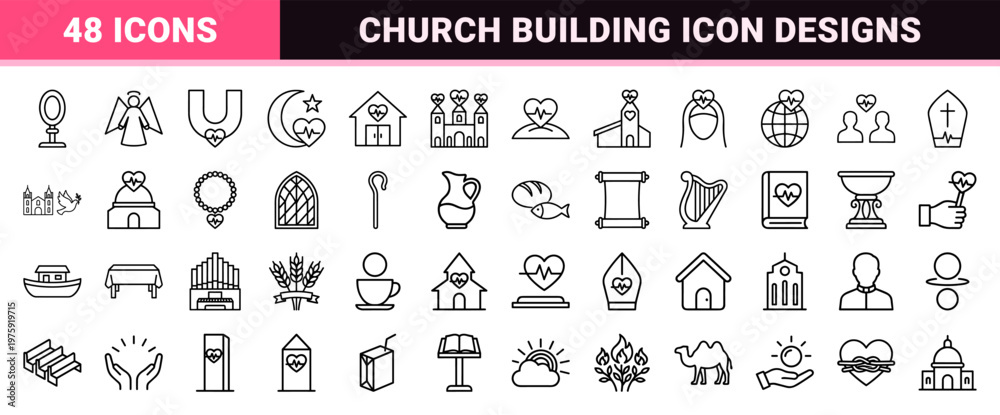 Fototapeta premium Christian faith linear icon set with religious symbols.