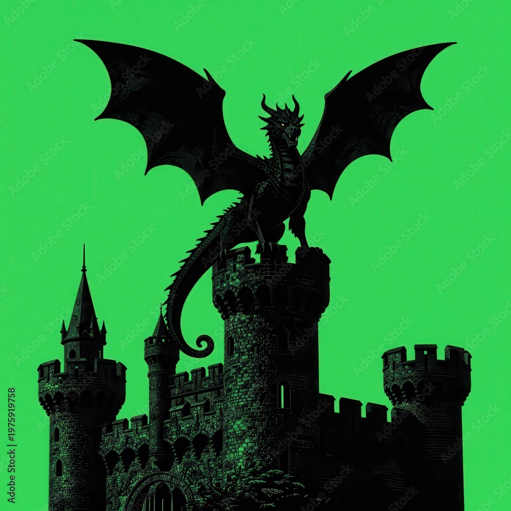 Fototapeta premium Black Dragon Perched Atop a Medieval Stone Castle Tower with Spread Wings, Isolated on Vibrant Green Background