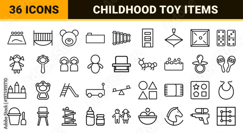 Childhood toys and baby care minimalist line icon set