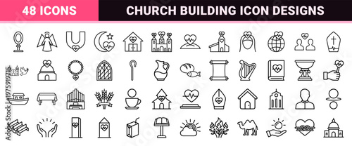 Christian faith linear icon set with religious symbols.